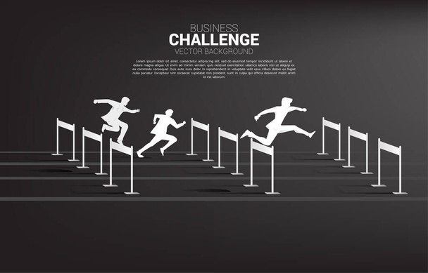 Silhouet zakenman springen over hindernissen obstakel race. Achtergrond concept voor concurrentie en uitdaging in het bedrijfsleven - Vector, afbeelding