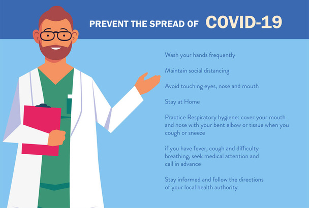 médico explica infografías cómo prevenir la propagación de covid 19
 - Vector, Imagen