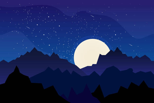 Tájkép hegyekkel, holdfényes éjszakai jelenet. A vektor illusztrációjának kialakítása - Vektor, kép