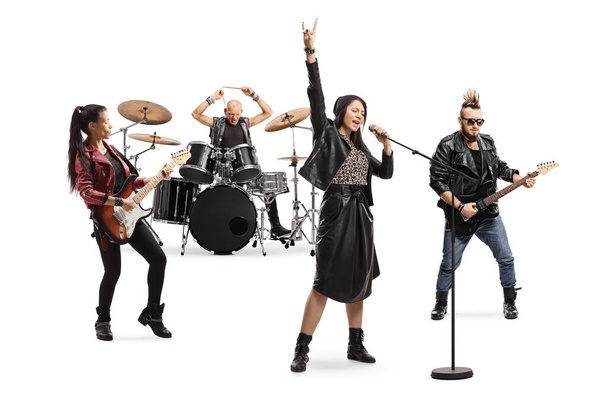 Female singer, male and female guitar players and a drummer in a band isolated on white background - Фото, изображение