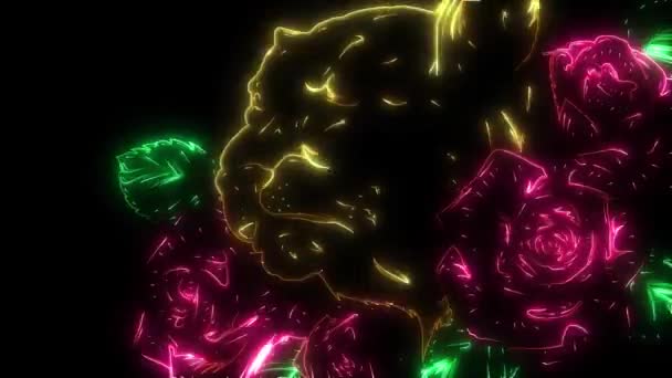 Neon tarzında ışıldayan gülleri olan bir panterin dijital animasyonu - Video, Çekim