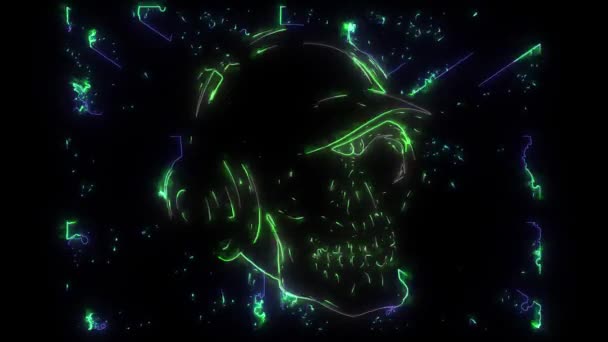 цифрова анімація черепа з навушником, який підсвічується на неоновому стилі
 - Кадри, відео