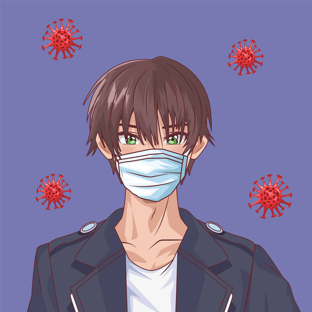 junger Mann mit Gesichtsmaske und covid19 Teilchen Anime-Stil - Vektor, Bild