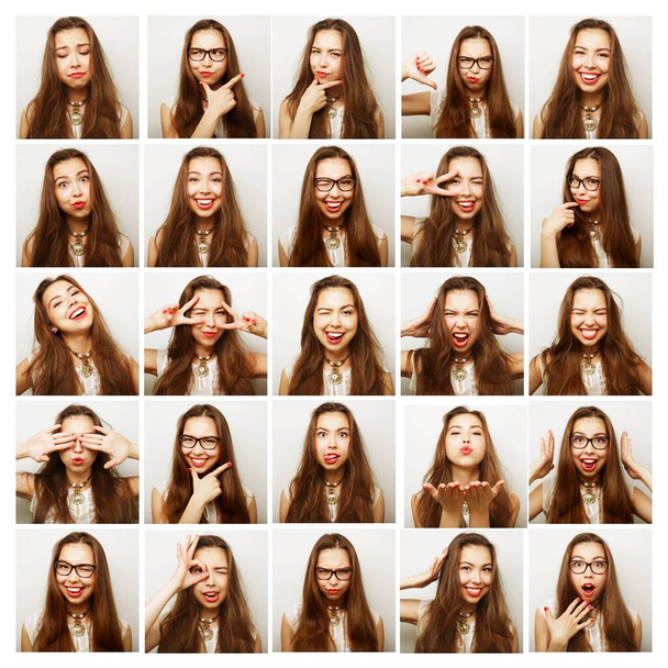 Collage van portretten van gelukkige vrouw - Foto, afbeelding