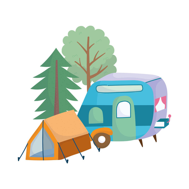 camping tent trailer forest trees greenery cartoon - Vektor, obrázek