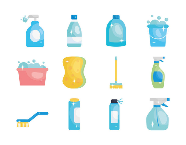 дезинфекция бутылки и моющие элементы иконка набора, плоский стиль
 - Вектор,изображение