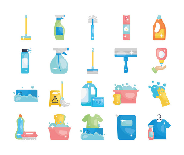 spray bottles and cleaning tools icon set, flat style - Vektori, kuva