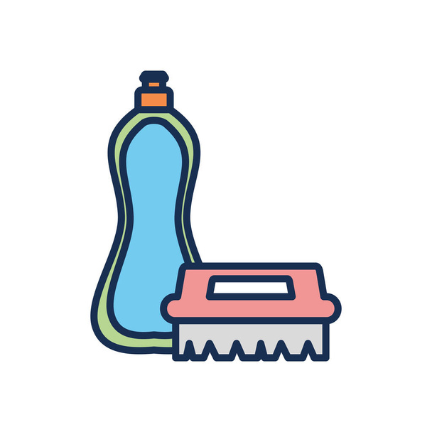 dishwasher soap bottle and brush icon, line fill style - Vector, Image