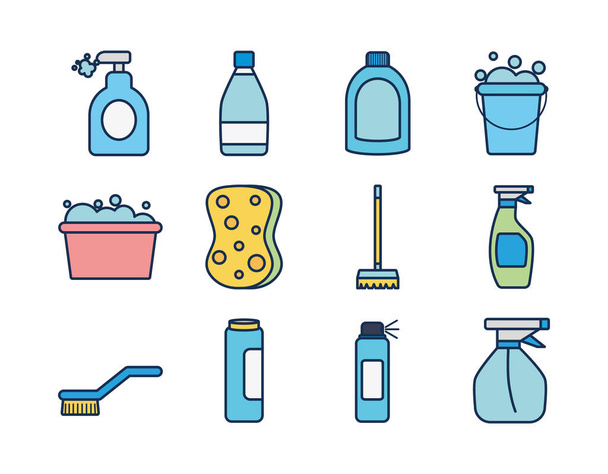 fertőtlenítő palackok és tisztítóelemek ikon készlet, vonaltöltő stílus - Vektor, kép