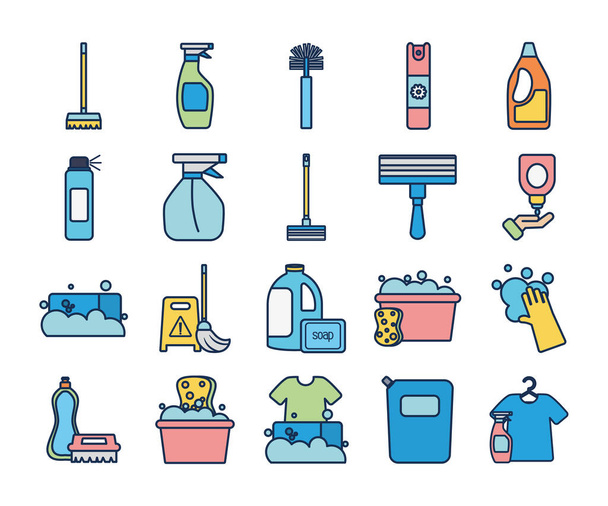 spray palackok és tisztítószerszámok ikon készlet, line fill stílus - Vektor, kép