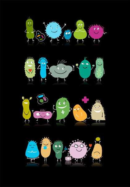 Забавні і страшні персонажі бактерій ізольовані на чорному. Векторні значки кишкової та кишкової флори, мікробів, вірусів
. - Вектор, зображення