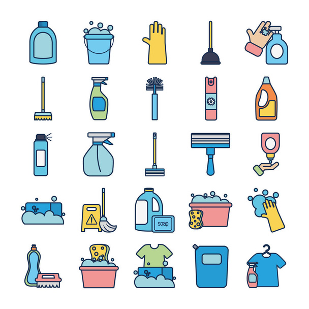 tisztítószerek és szerszámok ikon készlet, vonalkitöltő stílus - Vektor, kép