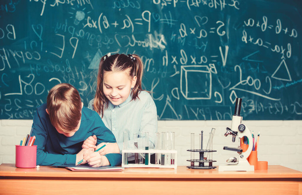 Chemistry science. biology experiments with microscope. Little kids scientist earning chemistry in school lab. Lab microscope and testing tubes. Little children. Science. With chemistry, we can - Fotoğraf, Görsel