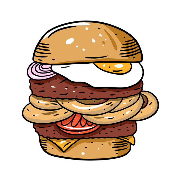 Dubbele hamburger met ei, tomaat en uienringen in beslag. Hand getekend kleurrijke vector illustratie in cartoon stijl. - Vector, afbeelding