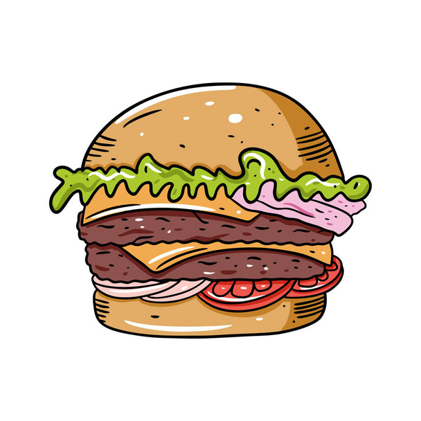 Un doppio Hamburger. Illustrazione vettore colorato disegnato a mano in stile cartone animato. Isolato su sfondo bianco
. - Vettoriali, immagini