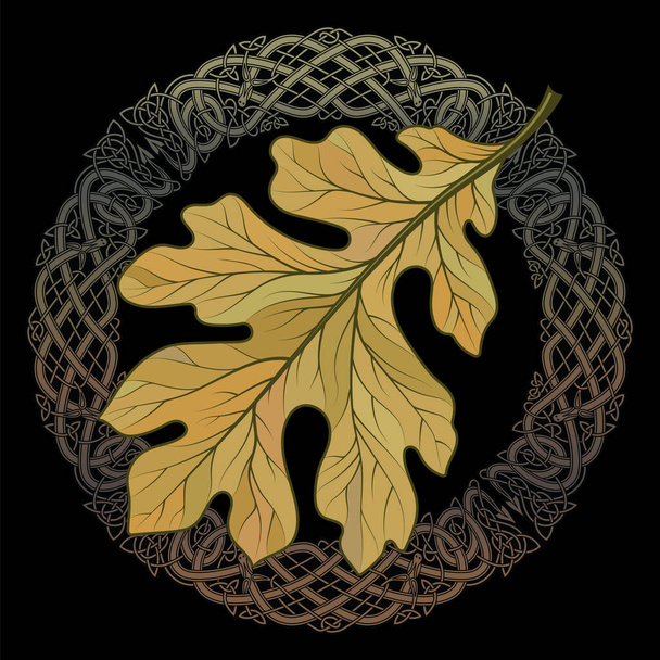 Φύλλα βελανιδιάς το φθινόπωρο χρωματισμό και Κέλτικο μαγικό στολίδι, απομονώνονται σε μαύρο, διανυσματική απεικόνιση - Διάνυσμα, εικόνα