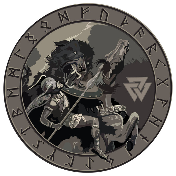 Ragnarok. Battle of the God Odin with the wolf Fenrir. Illustration of Norse mythology, isolated on white, vector illustration - Vector, Image