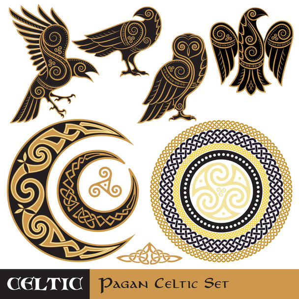 Keltischer Zauber vorhanden. Keltischer gehörnter Mond und Sonne, Keltische Eule, Keltischer Rabe, isoliert auf Weiß, Vektorillustration - Vektor, Bild
