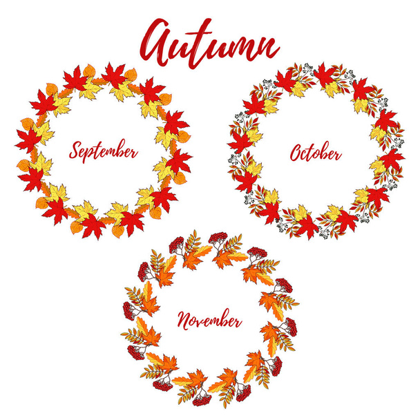 Hand drawn vintage autumn wreath set - Vector, Imagen