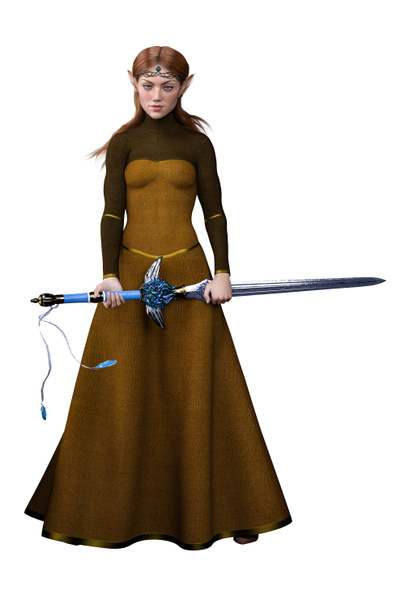 Elfen-Fantasie-Kaukasierin in Kleid auf isoliertem weißen Hintergrund, 3D-Illustration, 3D-Rendering - Foto, Bild