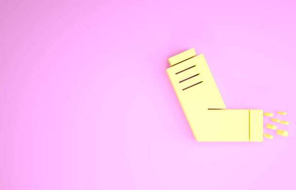 Yellow Inhaler Symbol isoliert auf rosa Hintergrund. Atemluft gegen Husten, Inhalation, Allergiker. Medizinische Allergie Asthma Inhalator Spray. Minimalismus-Konzept. 3D Illustration 3D Renderer - Foto, Bild