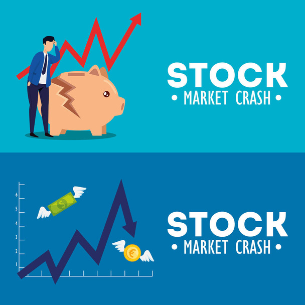 conjunto de póster de caída del mercado de valores con iconos
 - Vector, imagen