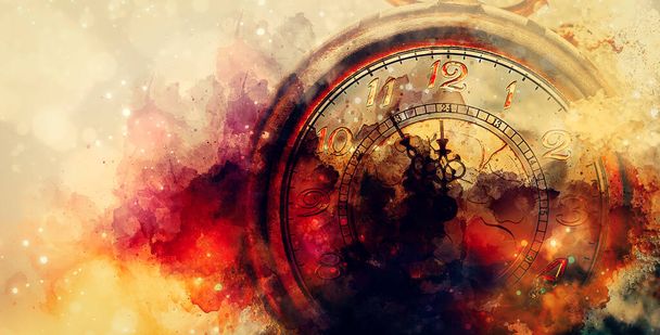 Klok toont vijf minuten voor twaalf. Tijd om te stoppen en de waarden van het leven en schildereffect te realiseren - Foto, afbeelding