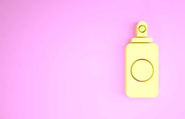 Spray giallo può per deodorante per ambienti, lacca per capelli, deodorante, icona antitraspirante isolata su sfondo rosa. Concetto minimalista. Illustrazione 3d rendering 3D
 - Foto, immagini