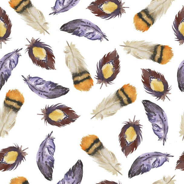 Seamless pattern with bright wild bird feathers on white background. Hand drawn watercolor illustration. - Photo, Image