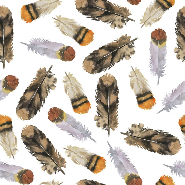 Seamless pattern with wild brown and yellow bird feathers on white background. Hand drawn watercolor illustration. - Zdjęcie, obraz
