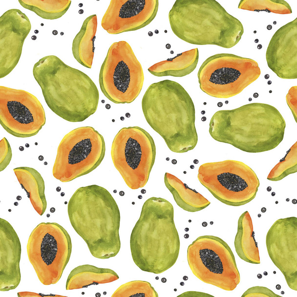 Seamless pattern with fresh papaya fruit on white background. Hand drawn watercolor illustration. - Foto, Bild