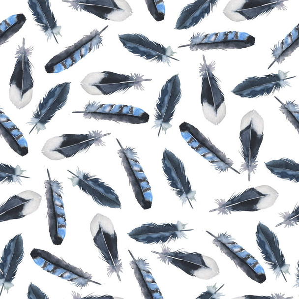 Seamless pattern with indigo and blue wild bird feathers on white background. Hand drawn watercolor illustration. - Zdjęcie, obraz