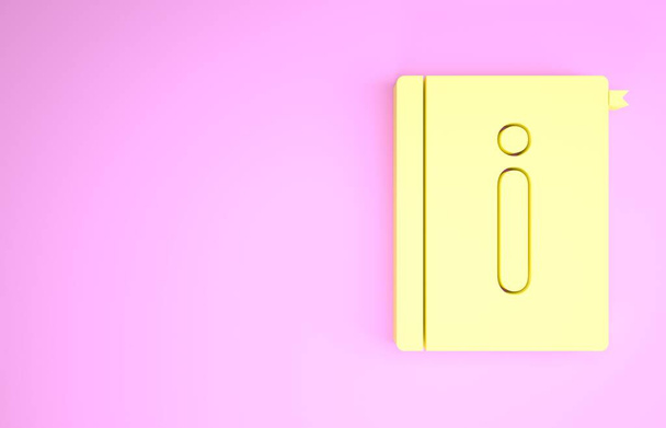 Icono manual de usuario amarillo aislado sobre fondo rosa. Guía del usuario. Señal de instrucciones. Leer antes de usar. Concepto minimalista. 3D ilustración 3D render
 - Foto, imagen