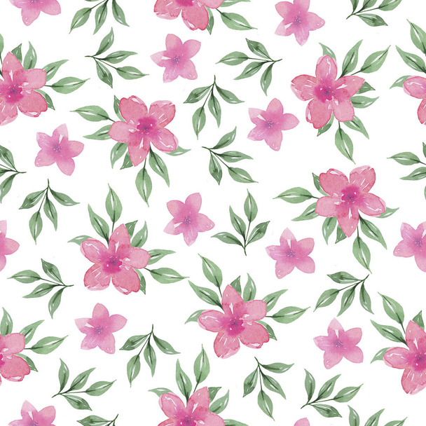 Płynny wzór z różowymi kwiatami i zielonymi liśćmi na białym tle. Ręcznie rysowane ilustracja akwarela. - Zdjęcie, obraz