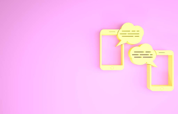 Yellow New chat messages notification on phone icon isolated on pink background. Smartphone chatting sms messages speech bubbles. Minimalism concept. 3d illustration 3D render - Photo, Image