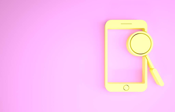 Κίτρινη εικόνα διαγνωστικών κινητών τηλεφώνων απομονωμένη σε ροζ φόντο. Ρύθμιση εφαρμογών, υπηρεσιών, επιλογών ρύθμισης, συντήρησης, επισκευής, στερέωσης. Μινιμαλιστική έννοια. 3d απεικόνιση 3D καθιστούν - Φωτογραφία, εικόνα