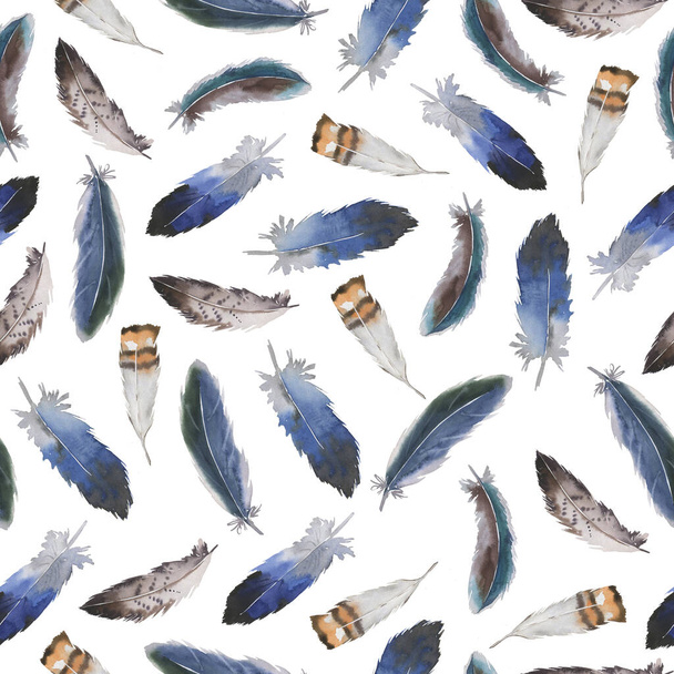 Seamless pattern with blue and grey bird feathers on white background. Hand drawn watercolor illustration. - Foto, Bild