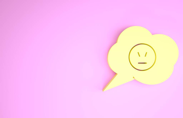 Keltainen Puhe kupla vihainen hymy kuvake eristetty vaaleanpunainen tausta. Emotikkonaama. Minimalismin käsite. 3d kuva 3D renderöinti
 - Valokuva, kuva