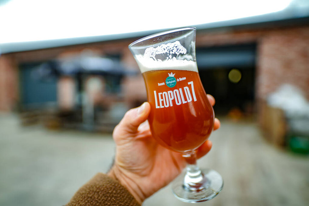 HERON, BELGIUM - NOVEMBER 9, 2019: Belgian Leopold 7 beer. Premium craft beer made of 3 hops and the Leopold Touch. Belgian beer brewery. - 写真・画像