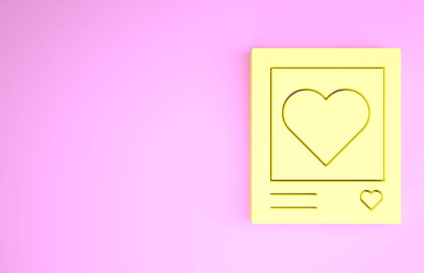 Žluté prázdné fotografie rámečky a srdce ikona izolované na růžovém pozadí. Symbol Valentýna. Minimalismus. 3D ilustrace 3D vykreslení - Fotografie, Obrázek