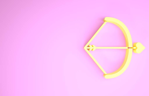 Желтый лук и стрелка значок изолированы на розовом фоне. Символ Купидона. Знак любви. День святого Валентина концепция. Концепция минимализма. 3D-рендеринг
 - Фото, изображение
