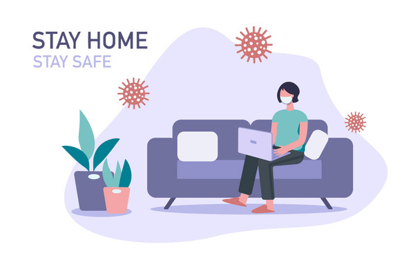 Stay home banner template. Young woman with madical mask sitting home with laptop. Quarantine or self-isolation. Trendy flat vector illustration.1 - Vector, Image