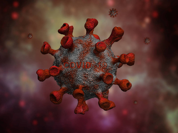 Εικονογράφηση ερυθρών κυττάρων του ιού του Coronavirus Covid-19 σε μαύρο φόντο. Επικίνδυνος παγκόσμιος ιός εξάπλωσης πανδημίας. Έννοια μικροβιολογίας και ιολογίας. - Φωτογραφία, εικόνα