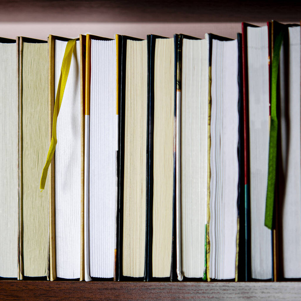 Bunte Bücher mit Lesezeichen stehen auf einem Holzregal. bereit zum Lesen - Foto, Bild