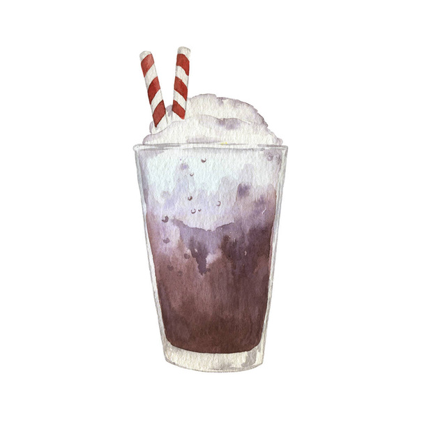 Summer chocolate or cocoa cocktail with cream and straw isolated on white background. Hand drawn watercolor illustration. - Фото, зображення