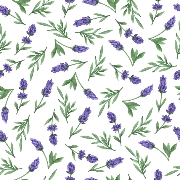 Seamless pattern with lilac lavender flowers and green leaves on white background. Hand drawn watercolor illustration. - Foto, Imagem