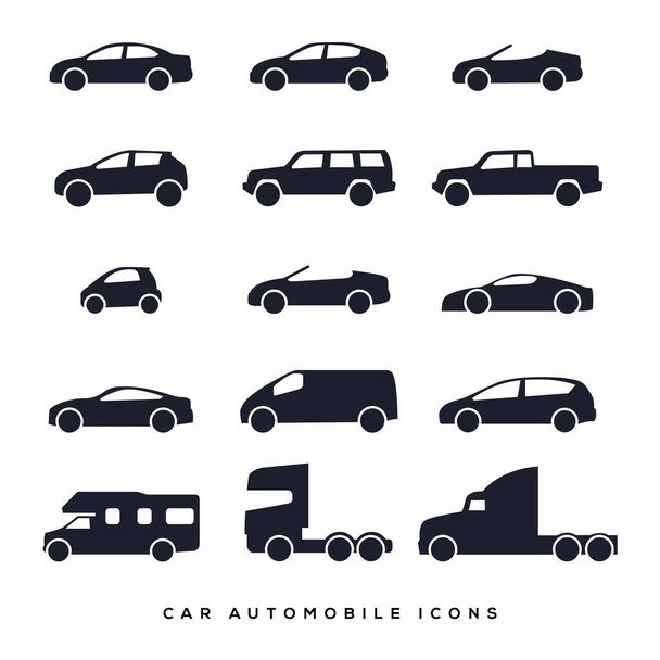 Autó és motorkerékpár típusú ikonok beállítva. Vektor fekete illusztráció elszigetelt fehér háttér. Változatok a modell autó és motor test sziluett web cím. - Vektor, kép