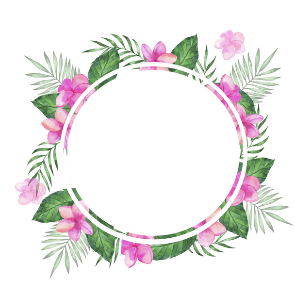 Tropical green leaves and pink plumeria flowers round frame isolated on white background. Hand drawn watercolor illustration. - Foto, Bild