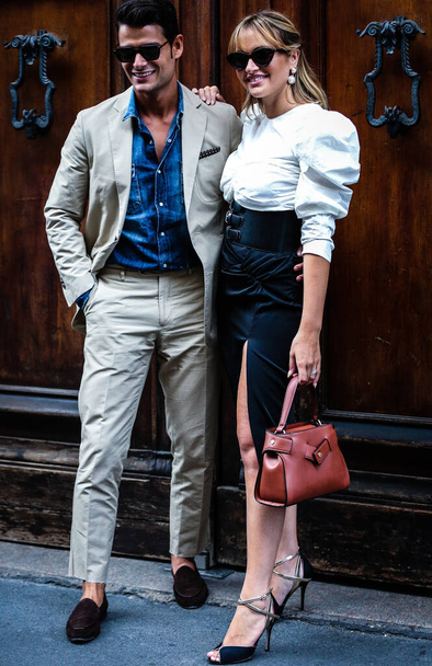 MILAN, Italy- September 21 2019: Frank Gallucci and Giulia Gaudino on the street during the Milan Fashion Week. - Fotó, kép