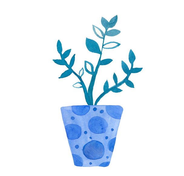Watercolor Zamioculcas in Phantom Blue. An illustration by Zanzibar gem of the home plant hand drawn on a white isolated background. Design for stickers,cards,prints,wallpaper, packaging,banner. - Fotoğraf, Görsel